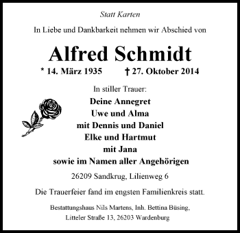Traueranzeige von Alfred Schmidt von Nordwest-Zeitung