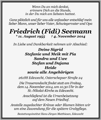 Traueranzeige von Friedrich Seemann von Nordwest-Zeitung