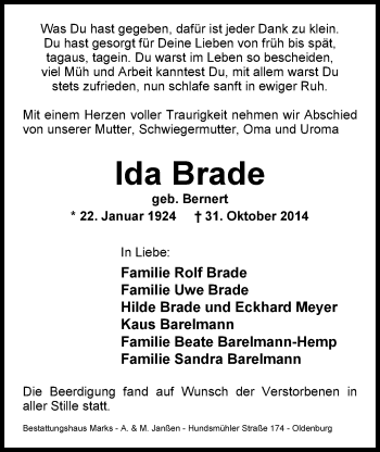 Traueranzeige von Ida Brade von Nordwest-Zeitung