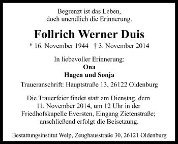 Traueranzeige von Follrich Werner Duis von Nordwest-Zeitung
