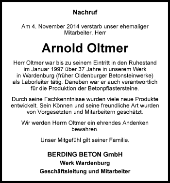 Traueranzeige von Arnold Oltmer von Nordwest-Zeitung