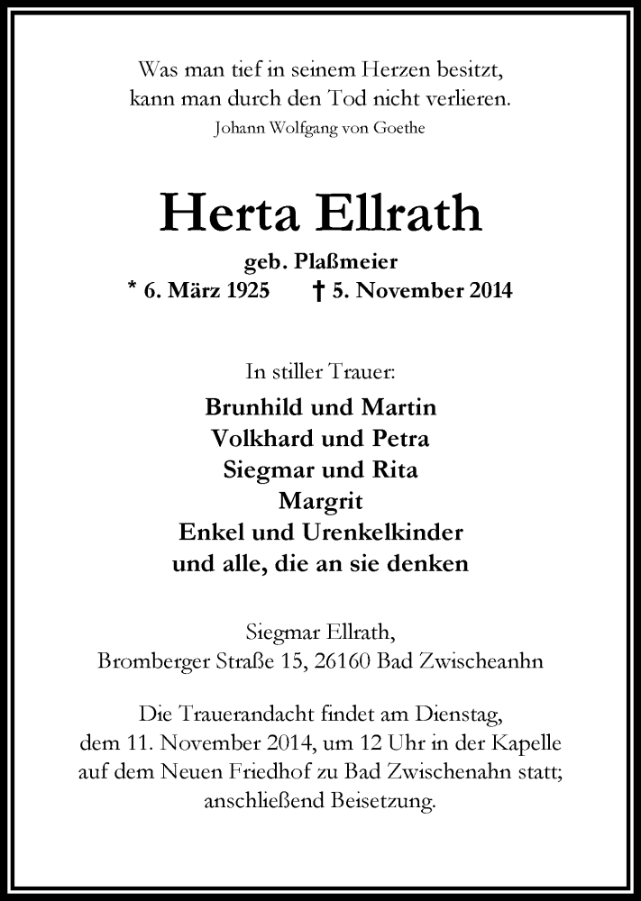  Traueranzeige für Herta Ellrath vom 08.11.2014 aus Nordwest-Zeitung