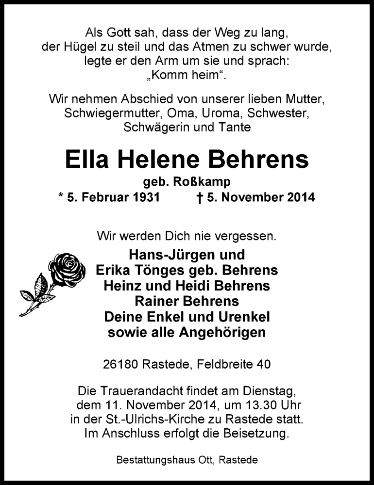  Traueranzeige für Ella Helene Behrens vom 08.11.2014 aus Nordwest-Zeitung