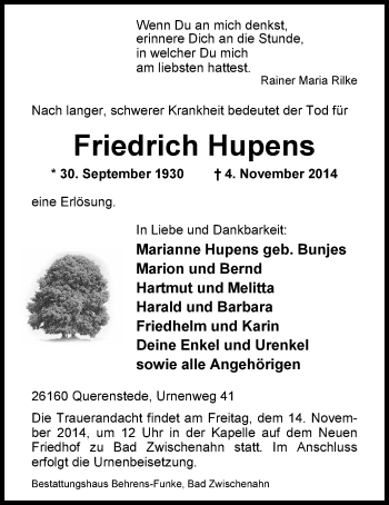 Traueranzeige von Friedrich Hupens von Nordwest-Zeitung