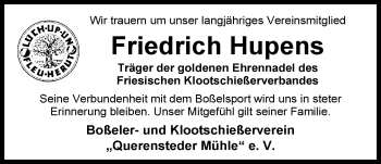 Traueranzeige von Friedrich Hupens von Nordwest-Zeitung