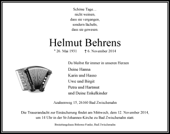Traueranzeige von Helmut Behrens von Nordwest-Zeitung