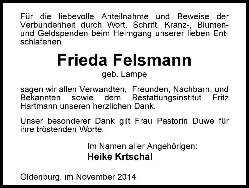  Traueranzeige für Frieda Felsmann vom 10.11.2014 aus Nordwest-Zeitung
