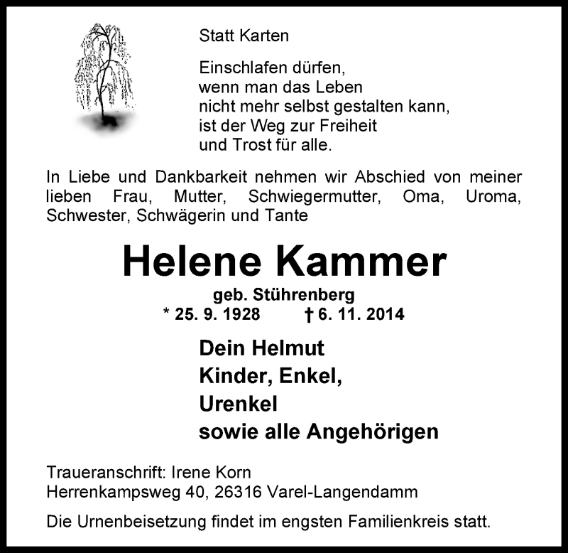  Traueranzeige für Helmut und Helene Kammer vom 08.11.2014 aus Nordwest-Zeitung