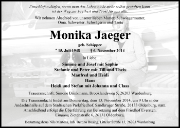 Traueranzeige von Monika Jaeger von Nordwest-Zeitung