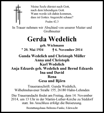 Traueranzeige von Gerda Wedelich von Nordwest-Zeitung