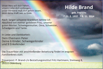 Traueranzeige von Hilde Brand von Nordwest-Zeitung