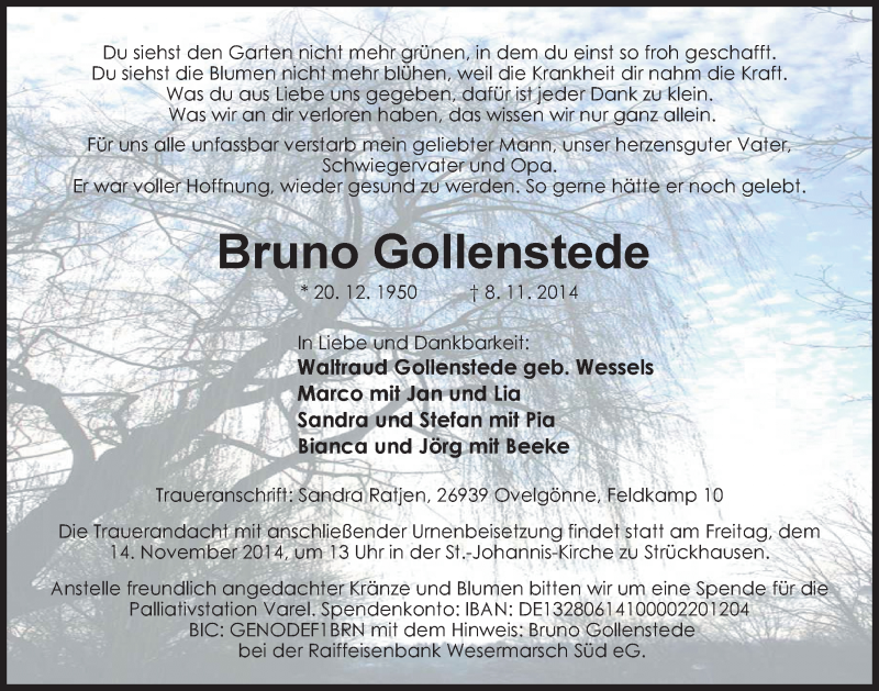  Traueranzeige für Bruno Gollenstede vom 11.11.2014 aus Nordwest-Zeitung