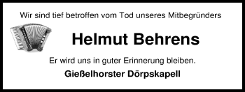 Traueranzeige von Helmut Behrens von Nordwest-Zeitung