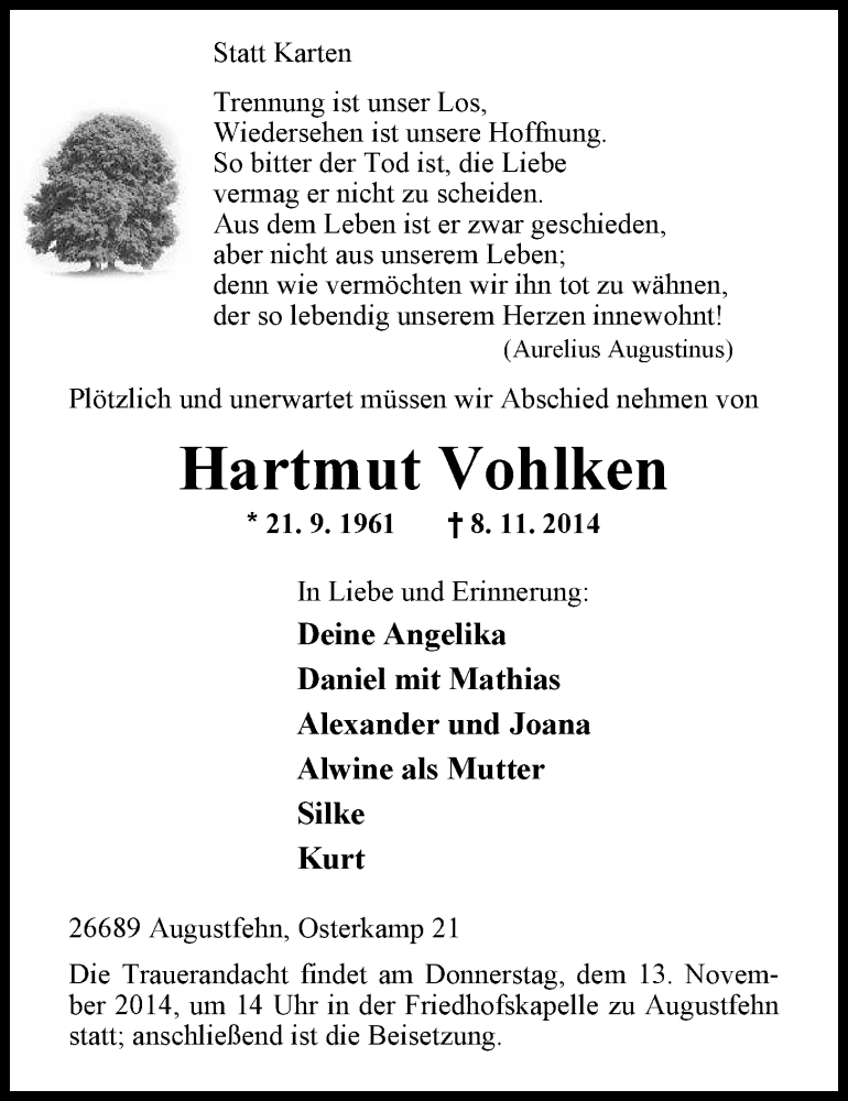  Traueranzeige für Hartmut Vohlken vom 11.11.2014 aus Nordwest-Zeitung