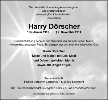 Traueranzeige von Harry Dörscher von Nordwest-Zeitung