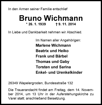 Traueranzeige von Bruno Wichmann von Nordwest-Zeitung