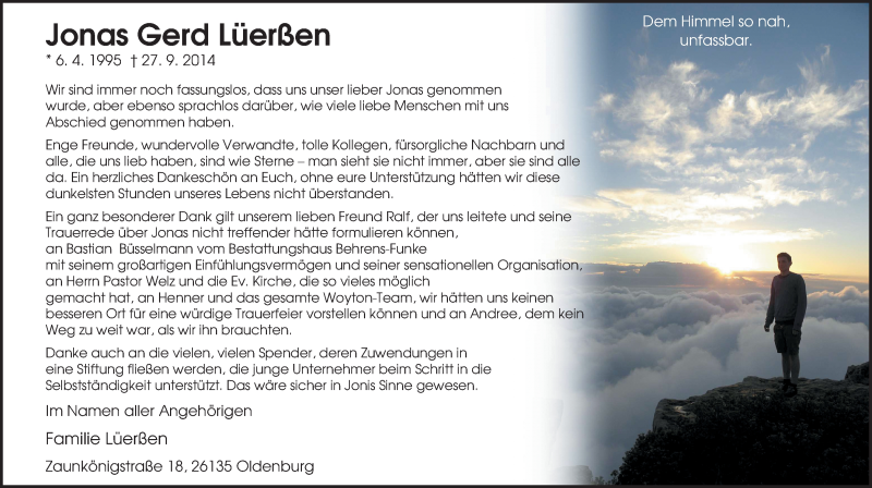  Traueranzeige für Jonas Gerd Lüerßen vom 15.11.2014 aus Nordwest-Zeitung