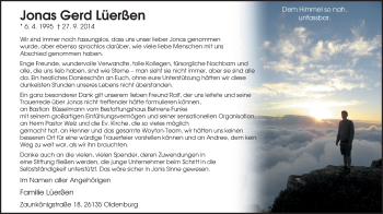 Traueranzeige von Jonas Gerd Lüerßen von Nordwest-Zeitung