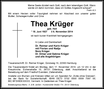 Traueranzeige von Thea Krüger von Nordwest-Zeitung