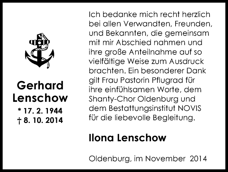  Traueranzeige für Gerhard Lenschow vom 15.11.2014 aus Nordwest-Zeitung
