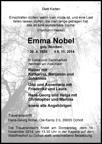 Traueranzeige von Emma Nobel von Nordwest-Zeitung
