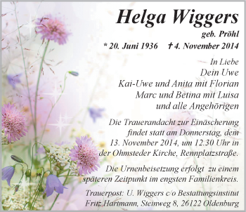 Traueranzeige von Helga Wiggers von Nordwest-Zeitung