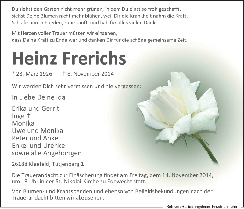  Traueranzeige für Heinz Frerichs vom 11.11.2014 aus Nordwest-Zeitung