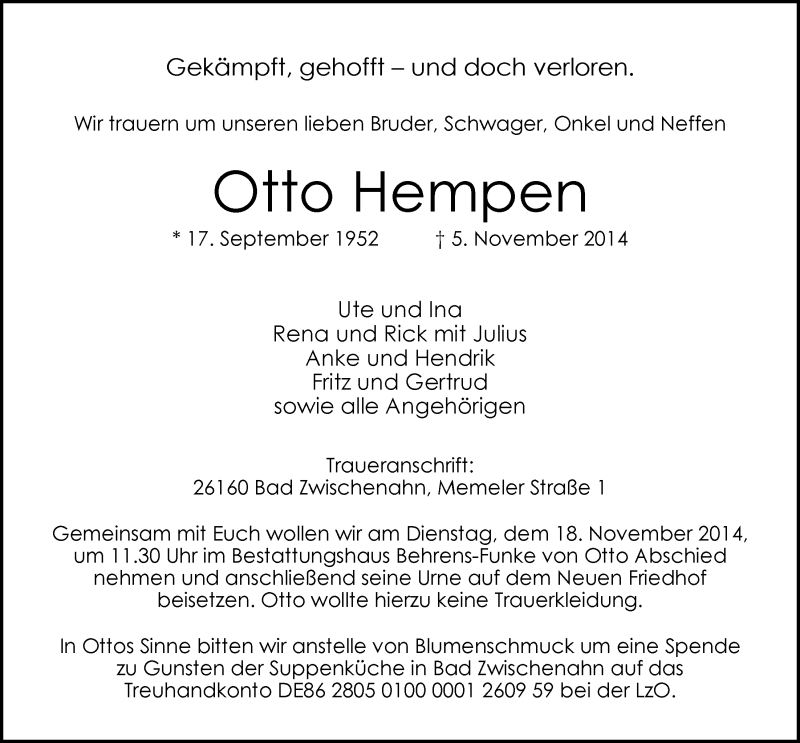  Traueranzeige für Otto Hempen vom 11.11.2014 aus Nordwest-Zeitung