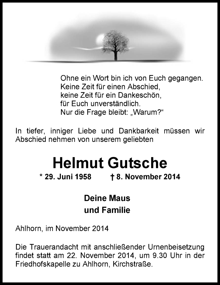  Traueranzeige für Helmut Gutsche vom 15.11.2014 aus Nordwest-Zeitung