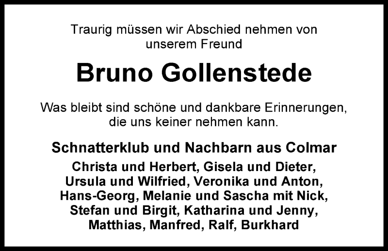  Traueranzeige für Bruno Gollenstede vom 12.11.2014 aus Nordwest-Zeitung