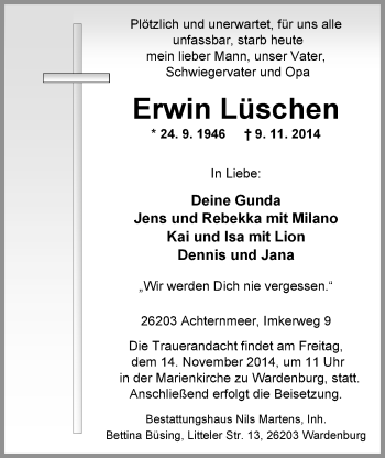 Traueranzeige von Erwin Lüschen von Nordwest-Zeitung