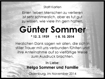 Traueranzeige von Günter Sommer von Nordwest-Zeitung
