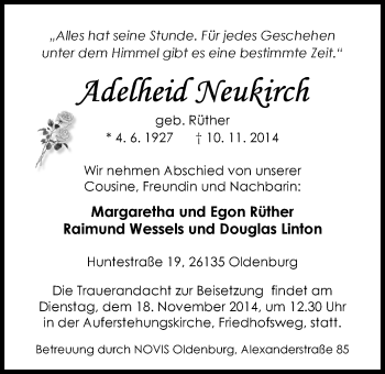 Traueranzeige von Adelheid Neukirch von Nordwest-Zeitung
