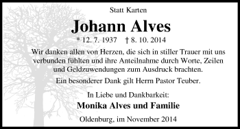 Traueranzeige von Johann Alves von Nordwest-Zeitung