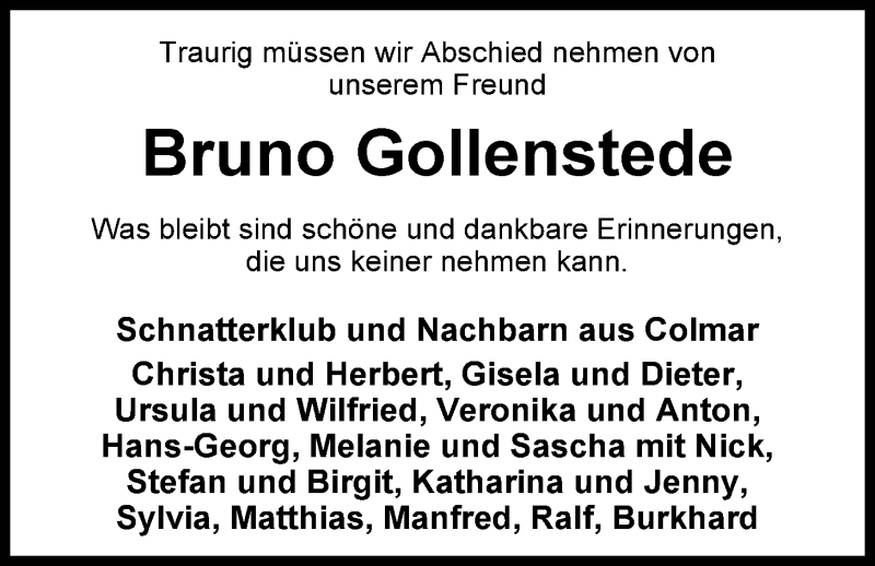  Traueranzeige für Bruno Gollenstede vom 13.11.2014 aus Nordwest-Zeitung