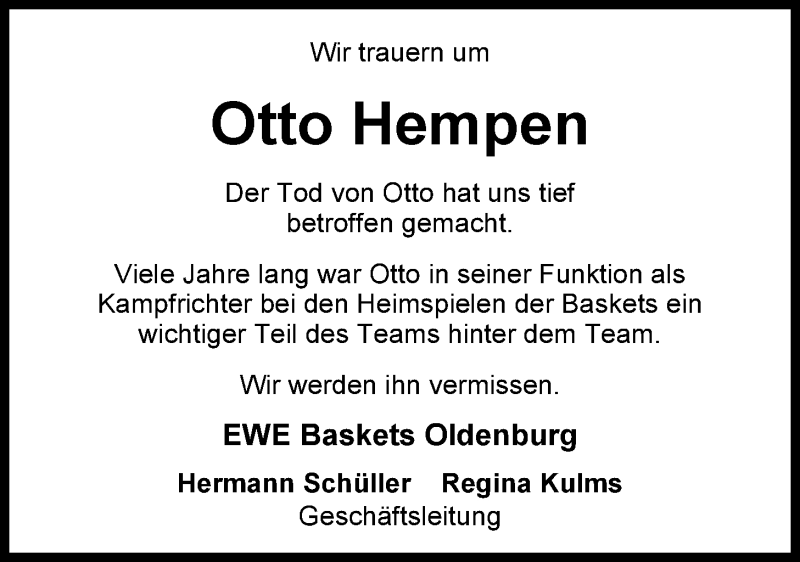  Traueranzeige für Otto Hempen vom 13.11.2014 aus Nordwest-Zeitung