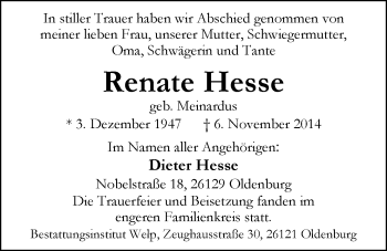 Traueranzeige von Renate Hesse von Nordwest-Zeitung
