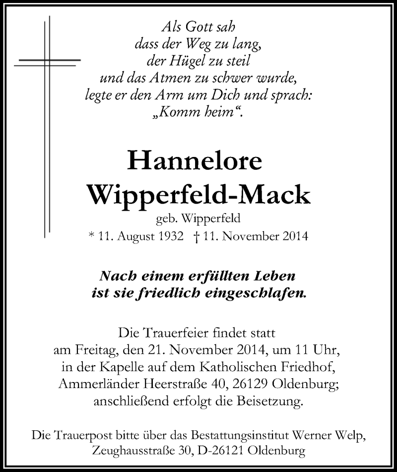  Traueranzeige für Hannelore Wipperfeld-Mack vom 15.11.2014 aus Nordwest-Zeitung