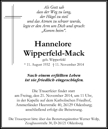 Traueranzeige von Hannelore Wipperfeld-Mack von Nordwest-Zeitung
