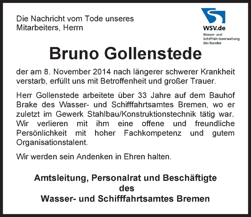  Traueranzeige für Bruno Gollenstede vom 14.11.2014 aus Nordwest-Zeitung