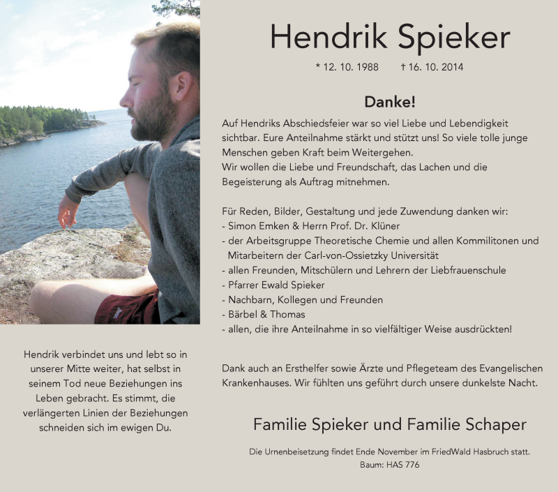  Traueranzeige für Hendrik Spieker vom 15.11.2014 aus Nordwest-Zeitung