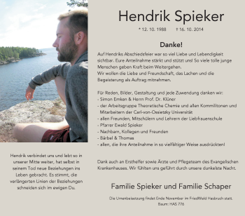 Traueranzeige von Hendrik Spieker von Nordwest-Zeitung