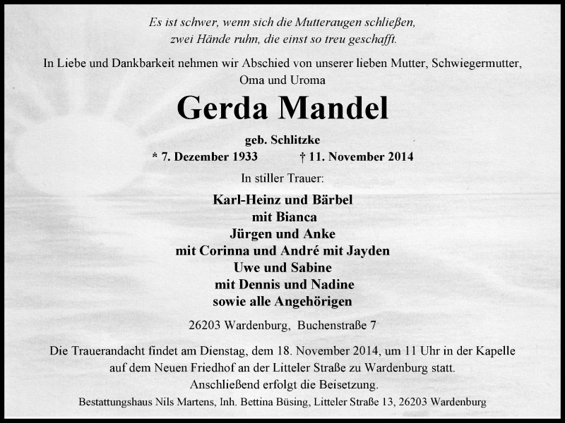  Traueranzeige für Gerda Mandel vom 15.11.2014 aus Nordwest-Zeitung