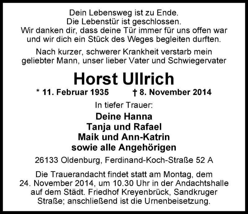  Traueranzeige für Horst Ullrich vom 15.11.2014 aus Nordwest-Zeitung
