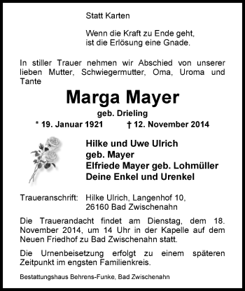 Traueranzeige von Marga Mayer von Nordwest-Zeitung
