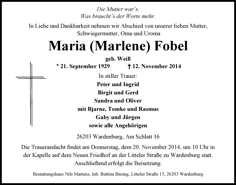  Traueranzeige für Maria (Marlene) Fobel vom 15.11.2014 aus Nordwest-Zeitung