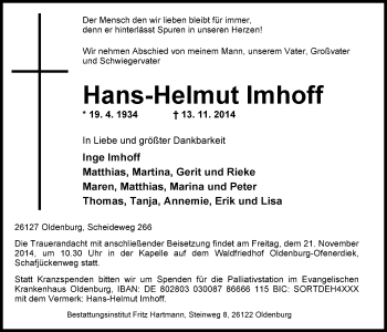 Traueranzeige von Hans-Helmut Imhoff von Nordwest-Zeitung
