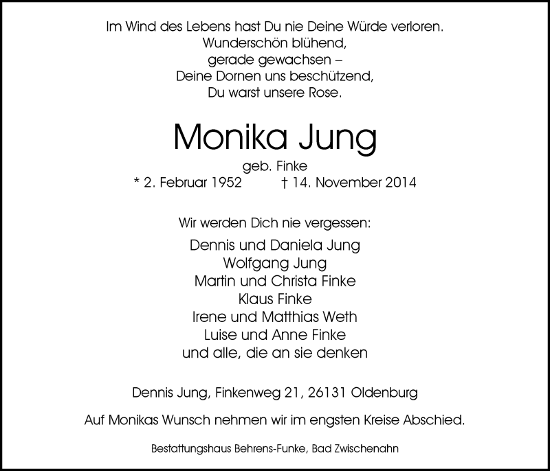  Traueranzeige für Monika Jung vom 15.11.2014 aus Nordwest-Zeitung
