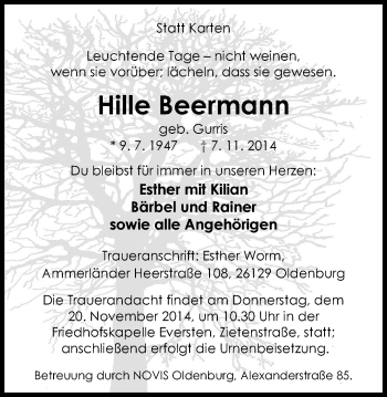 Traueranzeige von Hille Beermann von Nordwest-Zeitung