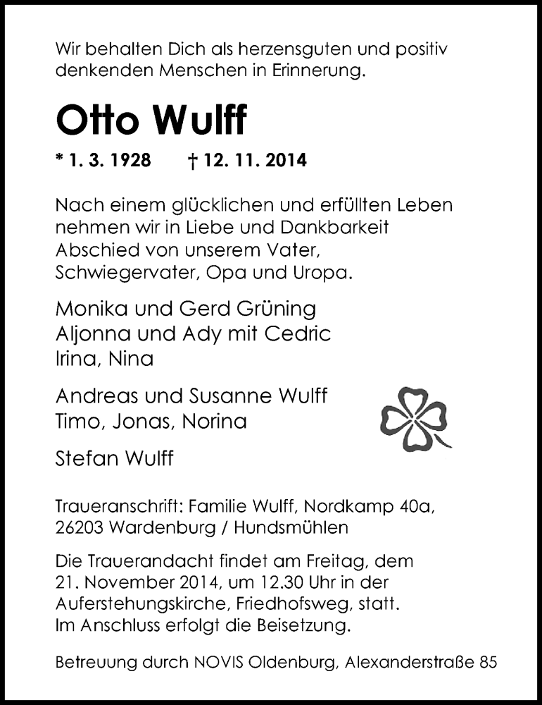  Traueranzeige für Otto Wulff vom 15.11.2014 aus Nordwest-Zeitung